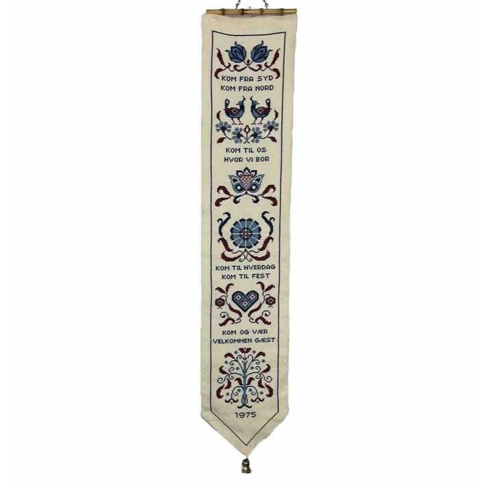 VTG 1975 Danish Needlepoint Wall Hanging Welcome Guest Cream Blue Floral Birds - Picture 2 of 5